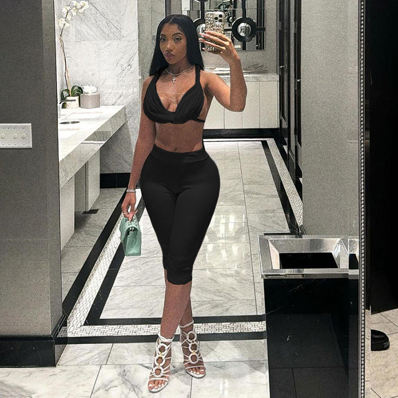 Lace-up bikini halter top with cropped pants – party fashion