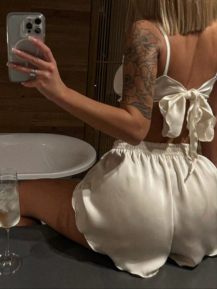 satin ruffle camisole and shorts outfit