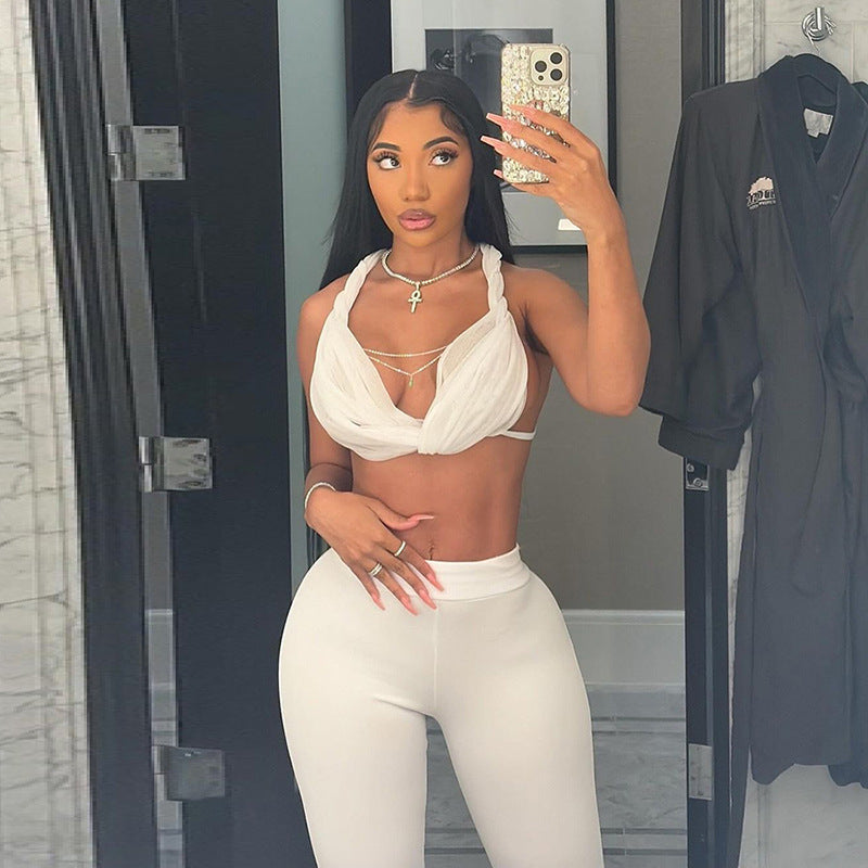 Lace-up bikini halter top with cropped pants – party fashion