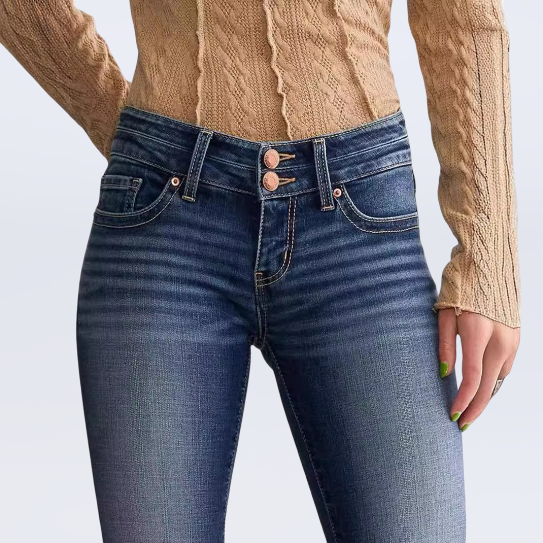 Ladies mid waist slim fit retro flared jeans in dark blue with button detail