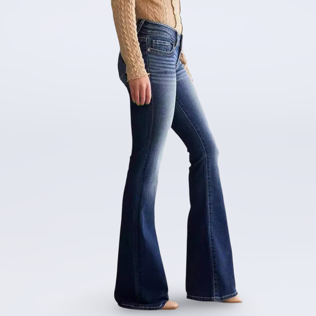 Ladies mid waist slim fit retro flared jeans in dark blue with button detail