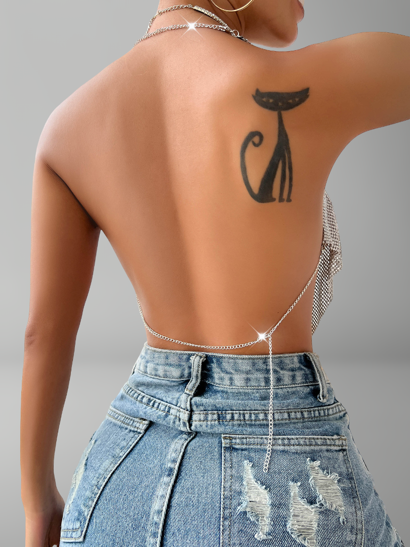 rhinestone halter top, backless party style for women.