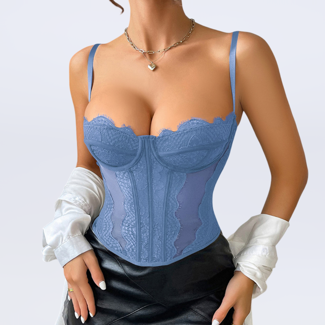 sexy lace spaghetti strap corset top with open back for nightlife and party outfits.
