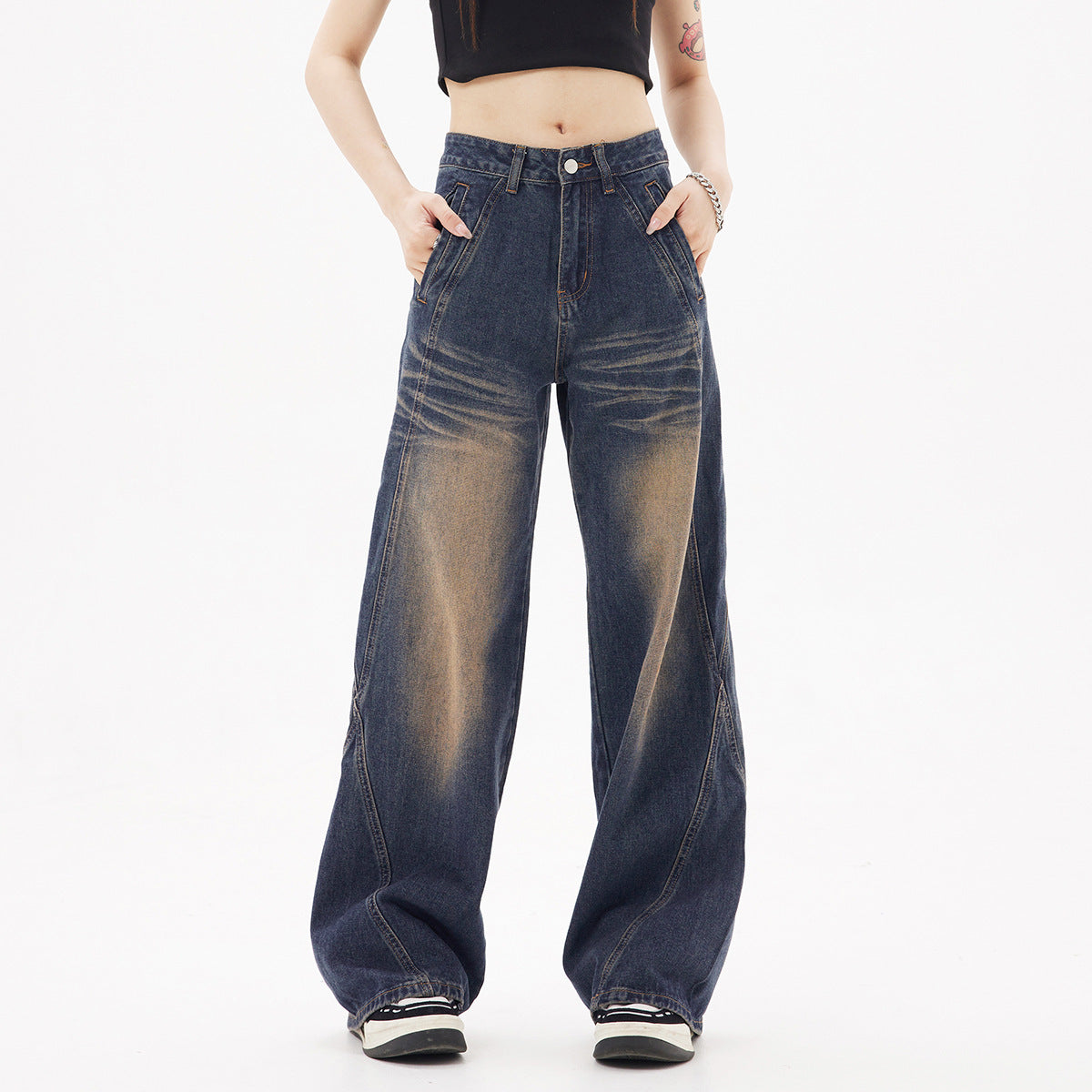 Retro dark wash straight-leg jeans for women