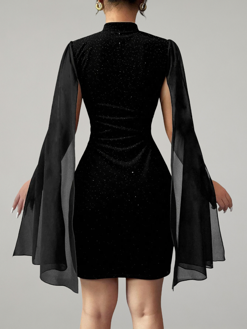 Black rhinestone mini dress with sheer cape sleeves