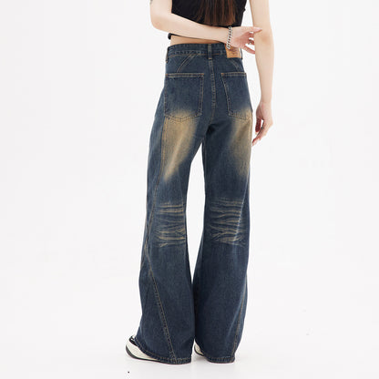Retro dark wash straight-leg jeans for women