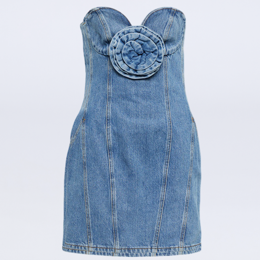 Denim dress with a floral design on a light gray background