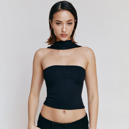 Model wearing high elastic satin slim fit crop top in black