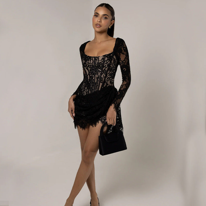 Model wearing slim fit U-neck sleeveless black mini dress with lace detail