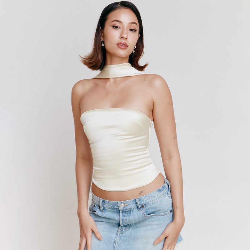 Model wearing high elastic satin slim fit crop top in apricot