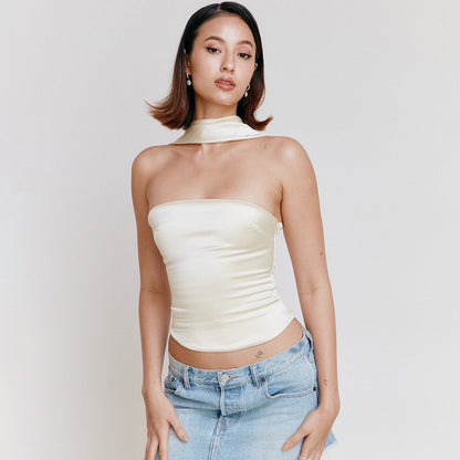 Model wearing high elastic satin slim fit crop top in apricot
