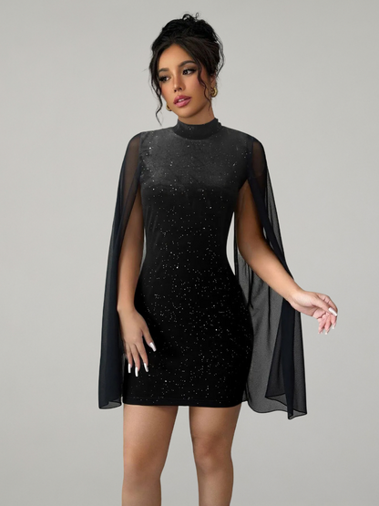 Black rhinestone mini dress with sheer cape sleeves