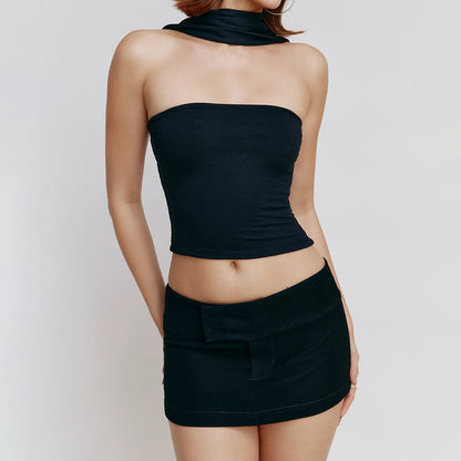 Model wearing high elastic satin slim fit crop top in black