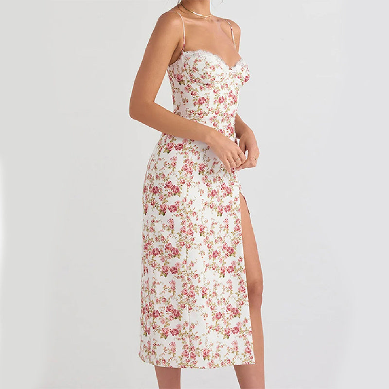 Floral dress with a slit on a white background