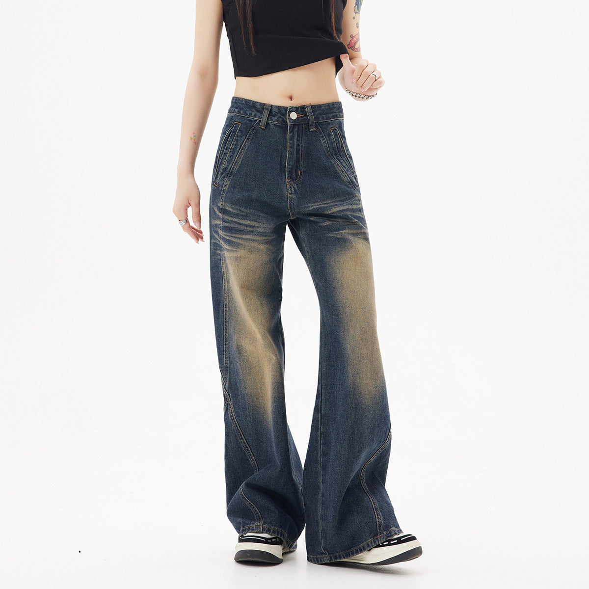 Retro dark wash straight-leg jeans for women