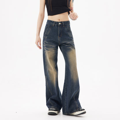 Retro dark wash straight-leg jeans for women