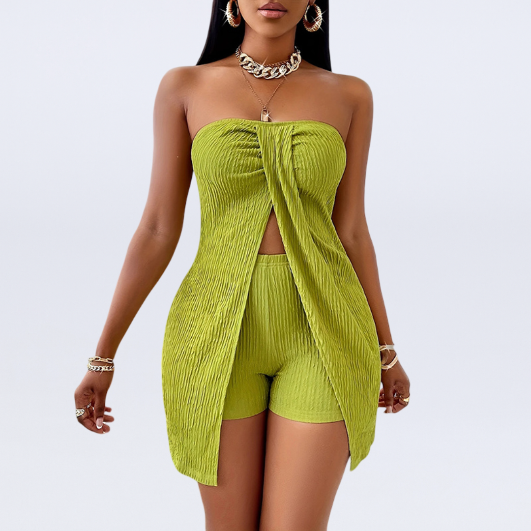 Strapless textured tube top high waist shorts set