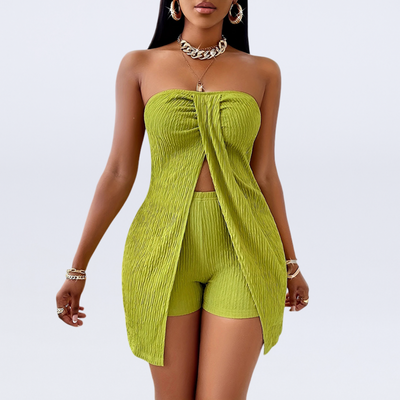 Strapless textured tube top high waist shorts set