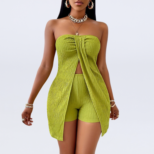 Strapless textured tube top high waist shorts set