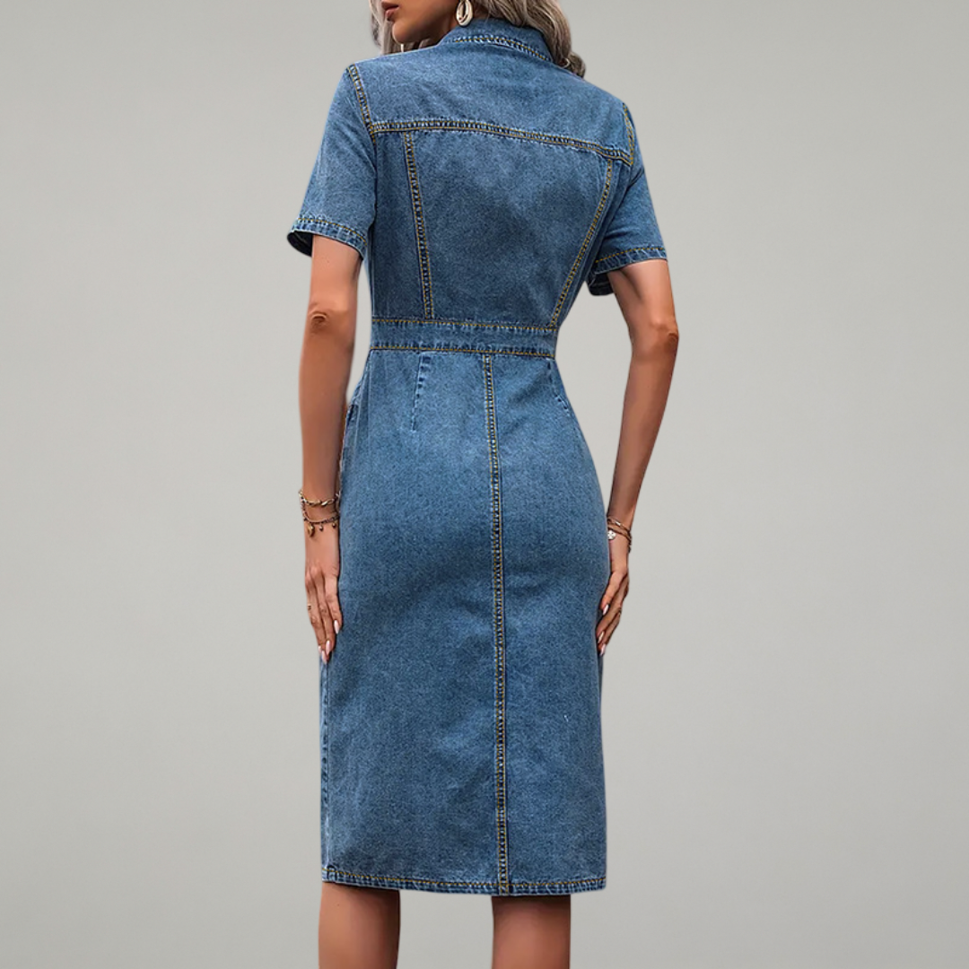Blue denim dress on a gray background