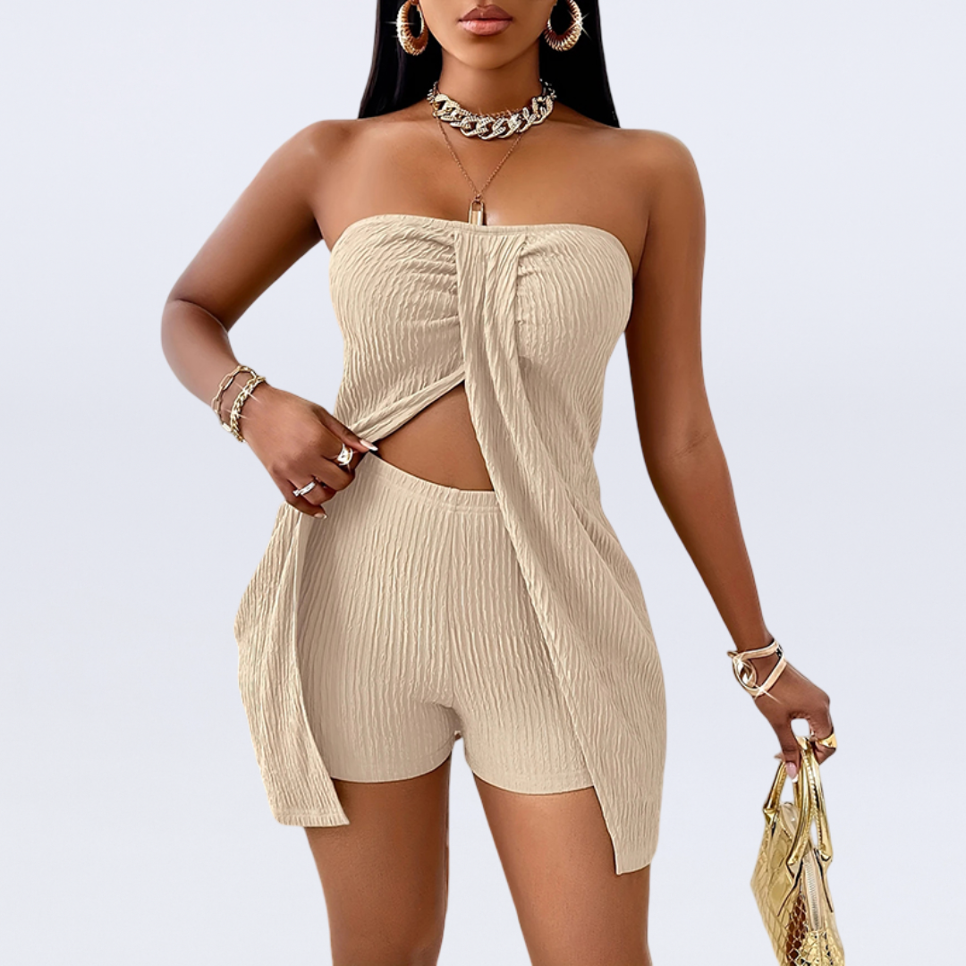 Strapless textured tube top high waist shorts set