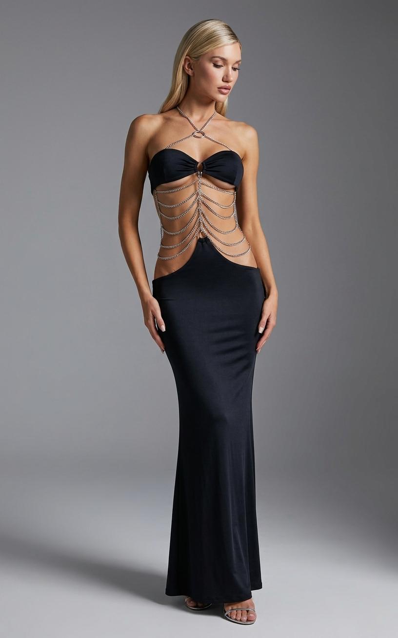 Black strapless maxi dress with silver chain detailing and cutout torso
