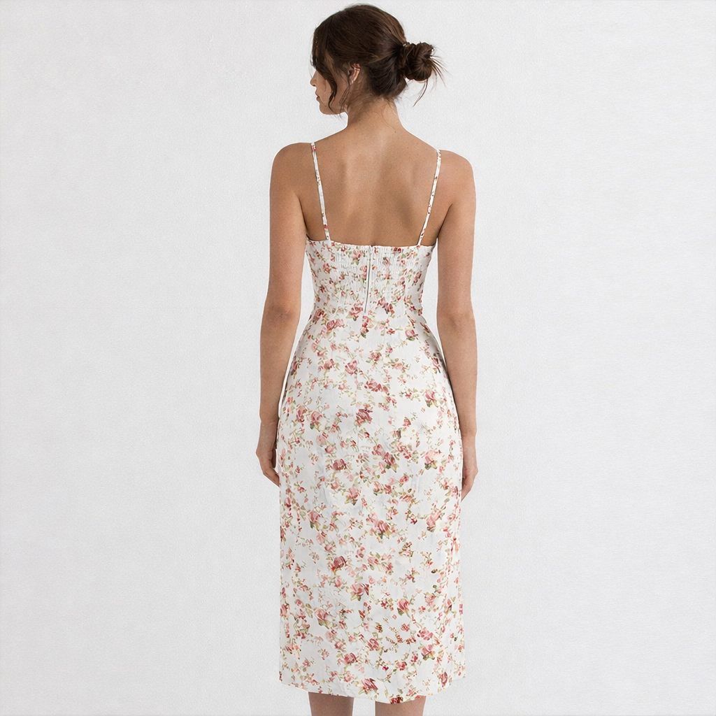 Woman wearing a floral dress on a white background
