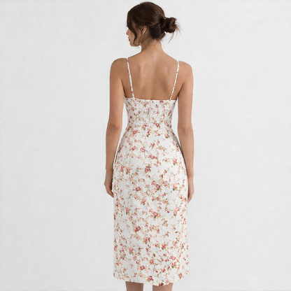 Woman wearing a floral dress on a white background