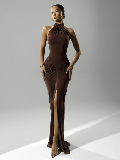 Brown halter maxi dress with side ruching and front thigh slit