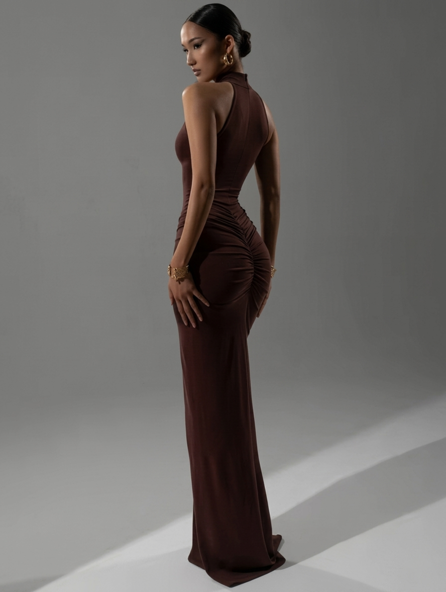Brown halter maxi dress with side ruching and front thigh slit