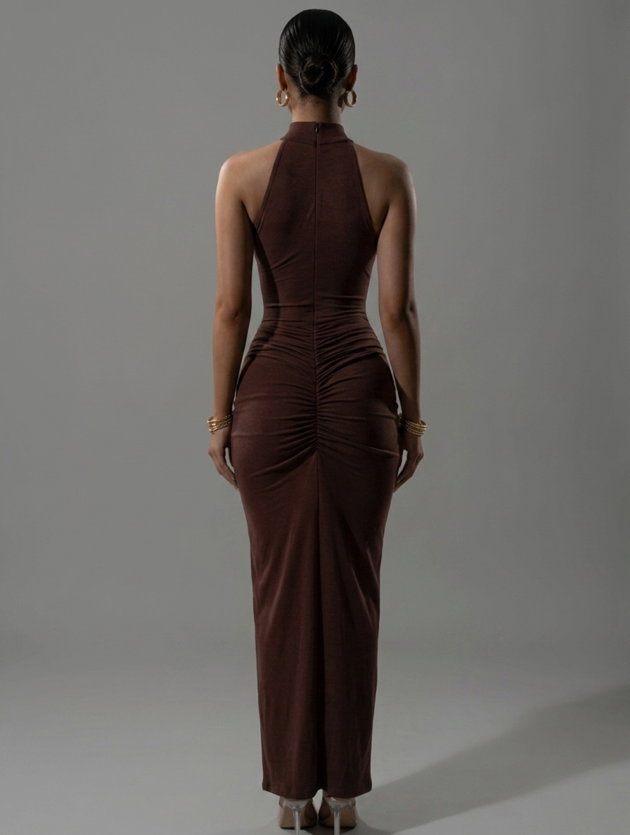 Brown halter maxi dress with side ruching and front thigh slit