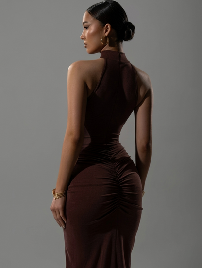 Brown halter maxi dress with side ruching and front thigh slit