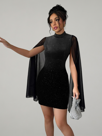 Black rhinestone mini dress with sheer cape sleeves