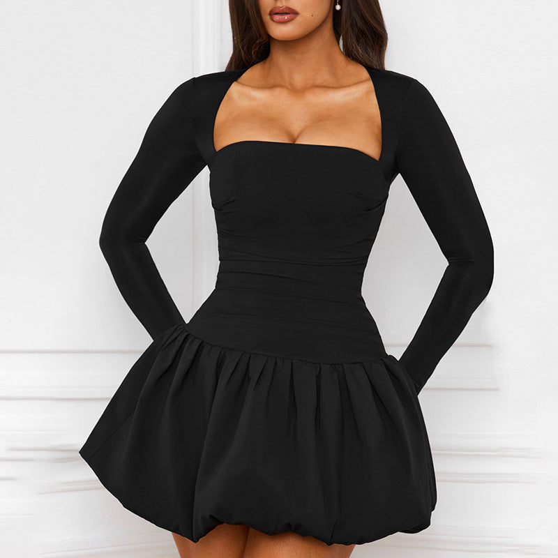Model in elegant backless long sleeve bud skirt dress for evening wear