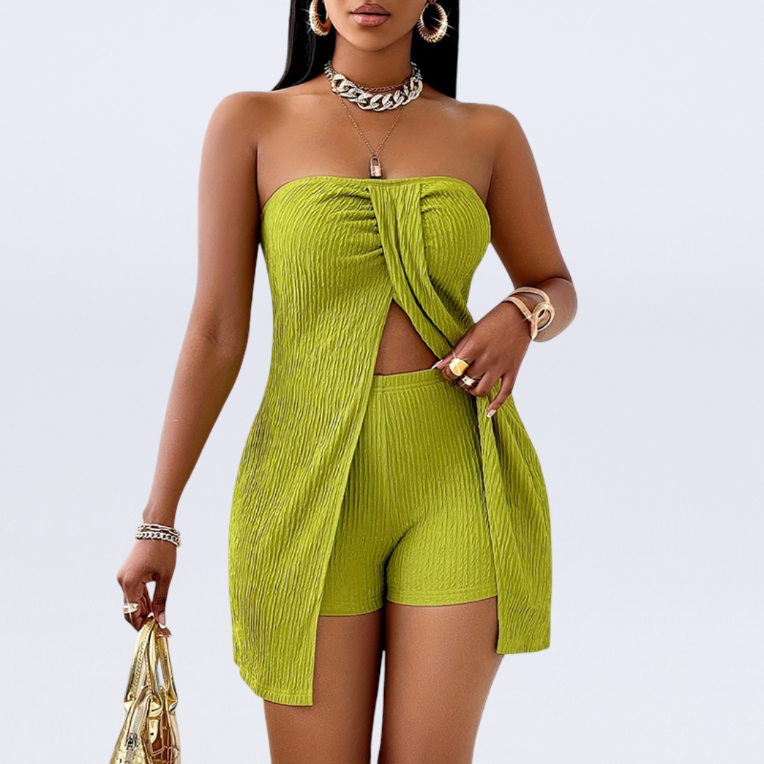 Strapless textured tube top high waist shorts set