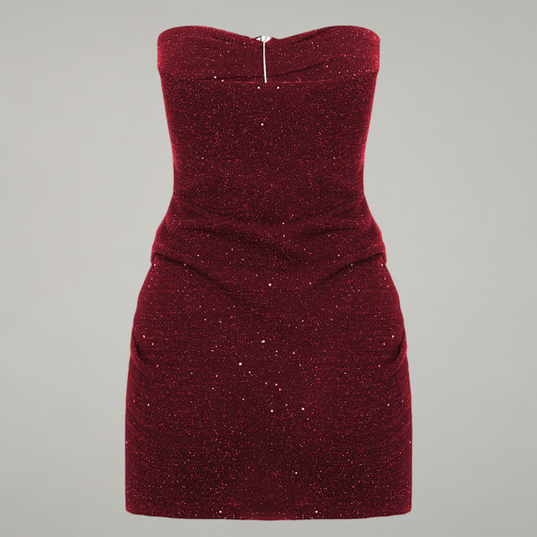 Red strapless dress on a gray background