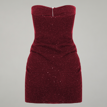 Red strapless dress on a gray background