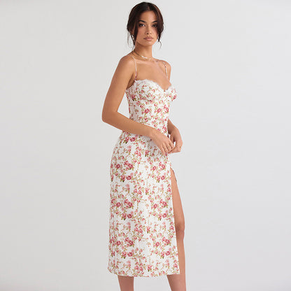 Woman wearing a floral dress with a white background