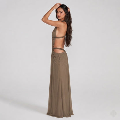 Backless halter maxi dress with metallic trim cutouts at chest and waist