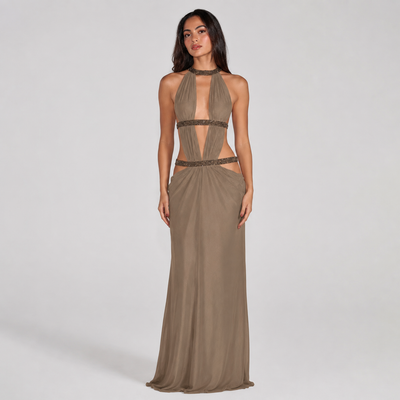 Backless halter maxi dress with metallic trim cutouts at chest and waist
