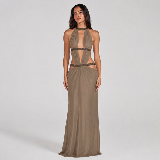 Backless halter maxi dress with metallic trim cutouts at chest and waist
