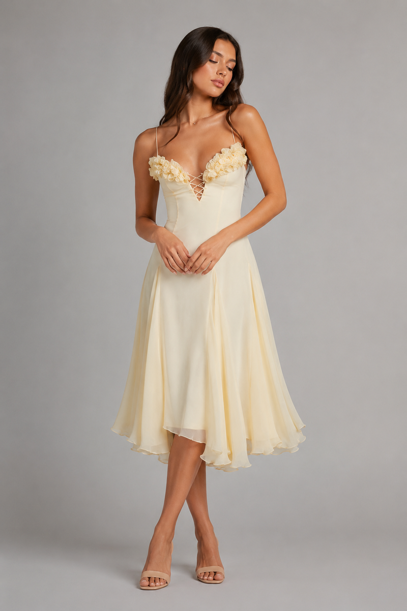 A woman modeling a cream-colored spaghetti strap dress with a sweetheart neckline, floral applique details, and a flowing chiffon skirt, set against a solid gray studio background.