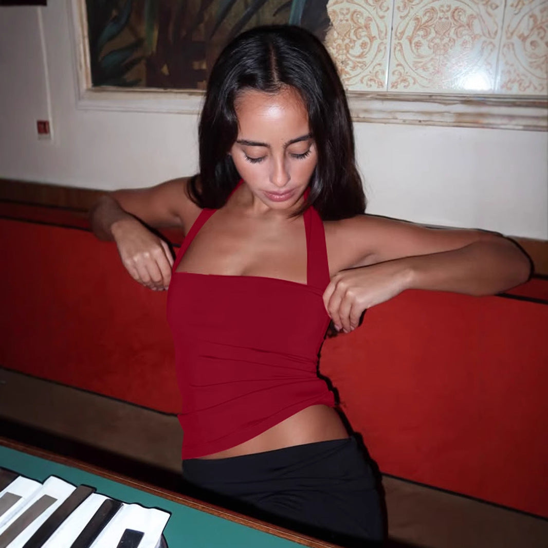 Red lace up halter crop top 