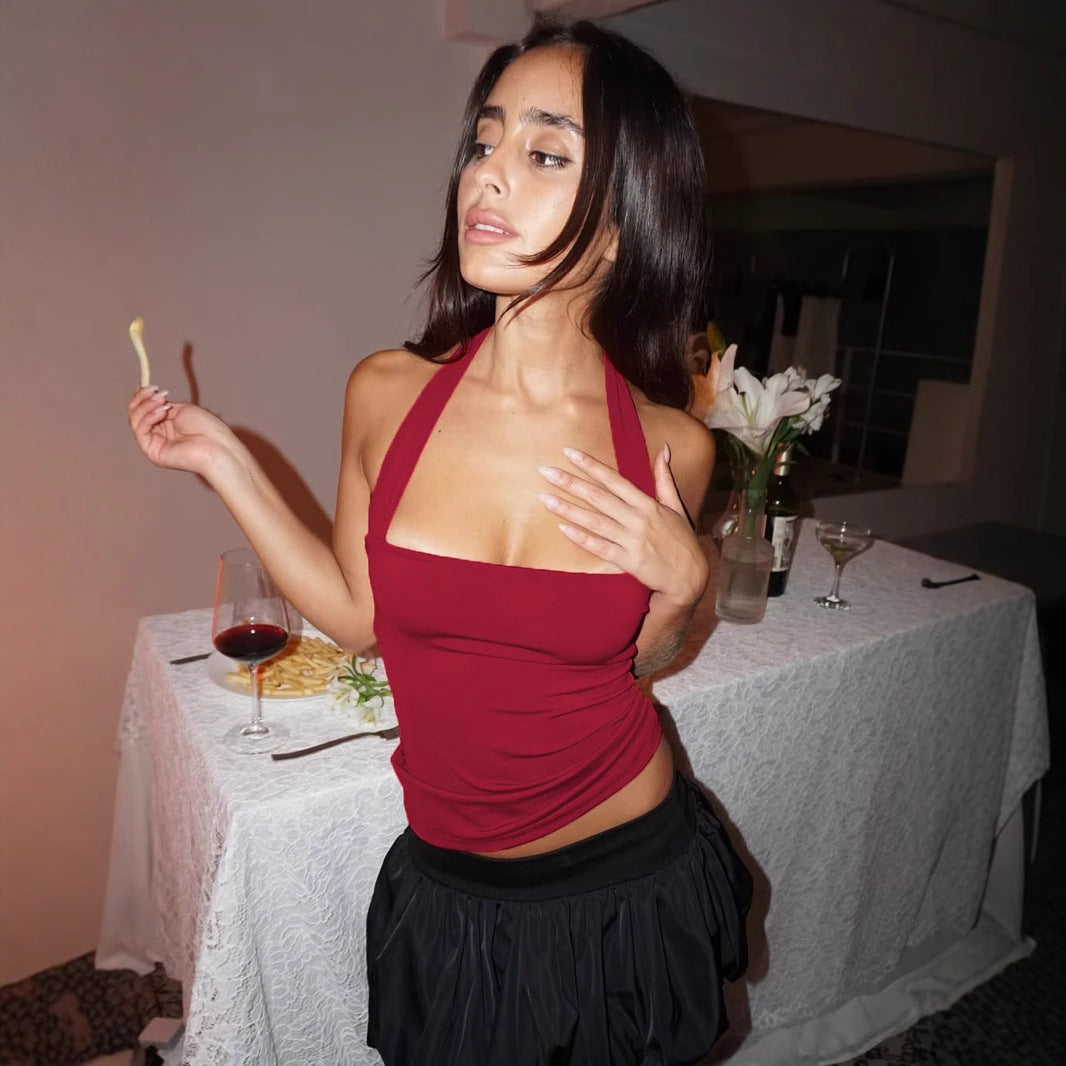 Red lace up halter crop top 