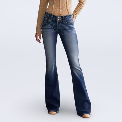 Ladies mid waist slim fit retro flared jeans in dark blue with button detail