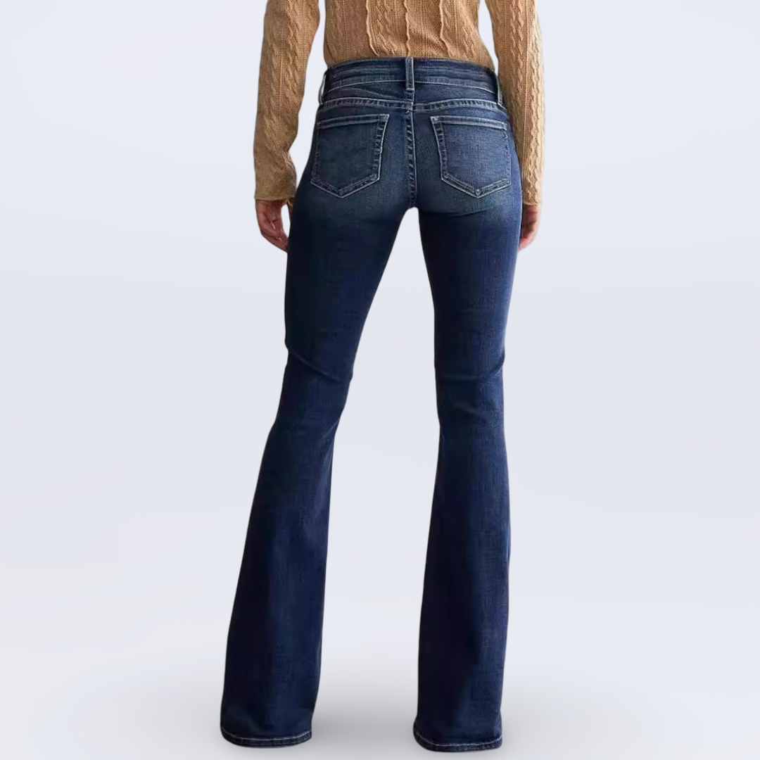 Ladies mid waist slim fit retro flared jeans in dark blue with button detail