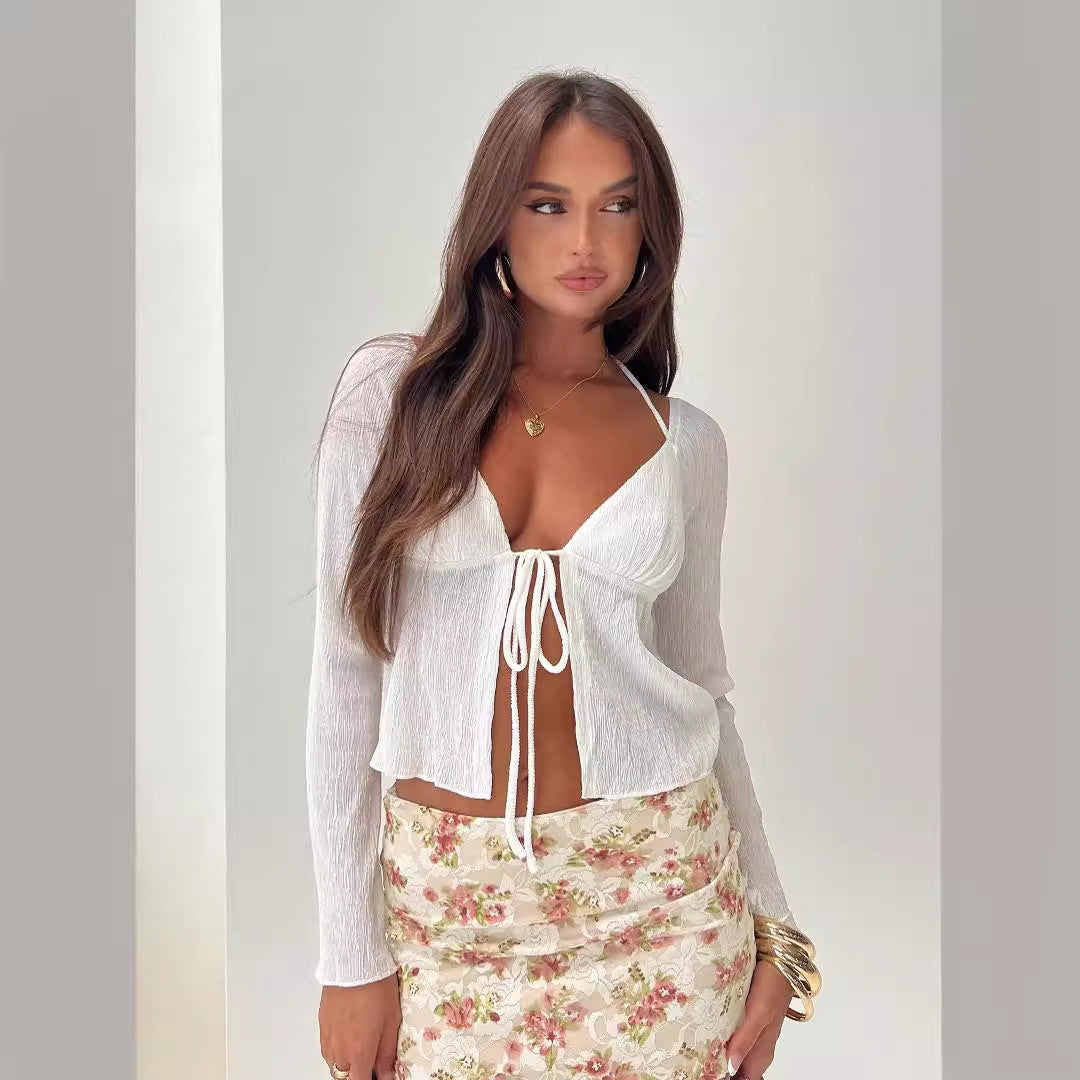 White low cut v-neck lace-up long sleeve top – women’s bottoming blouse