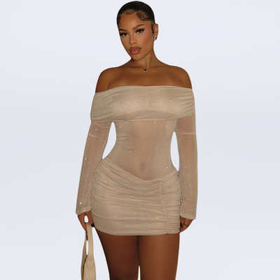 Apricot off-shoulder mesh mini dress with pleated design 