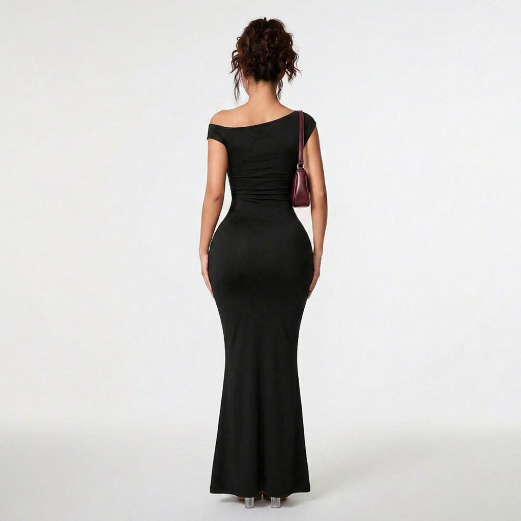 Black one-shoulder evening gown on a white background