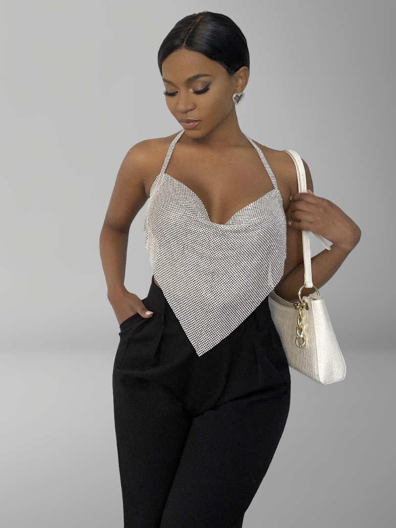  rhinestone halter top, backless party style for women.